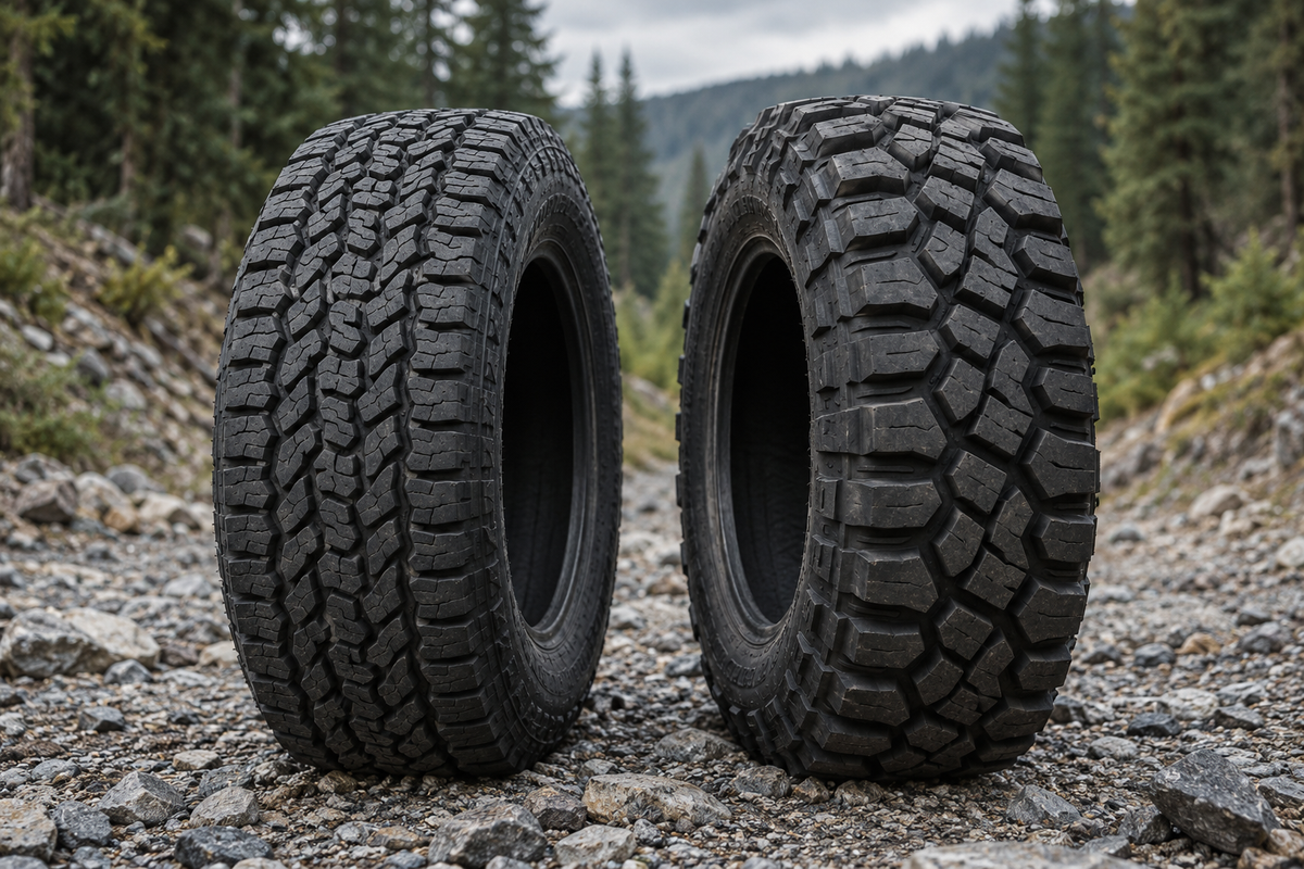 All-terrain and mud-terrain tires with different tread patterns on a gravel forest trail.