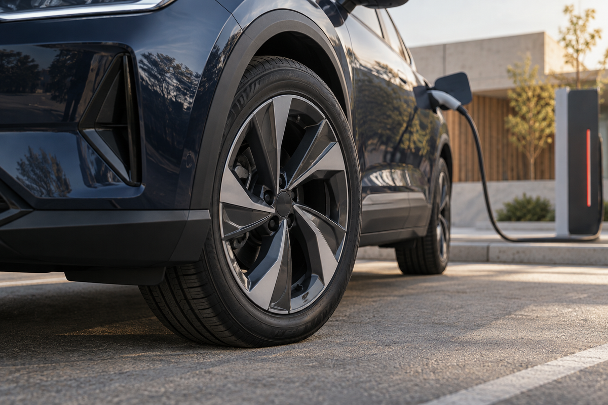 Close-up of a tire on a dark electric crossover parked beside a charging station.