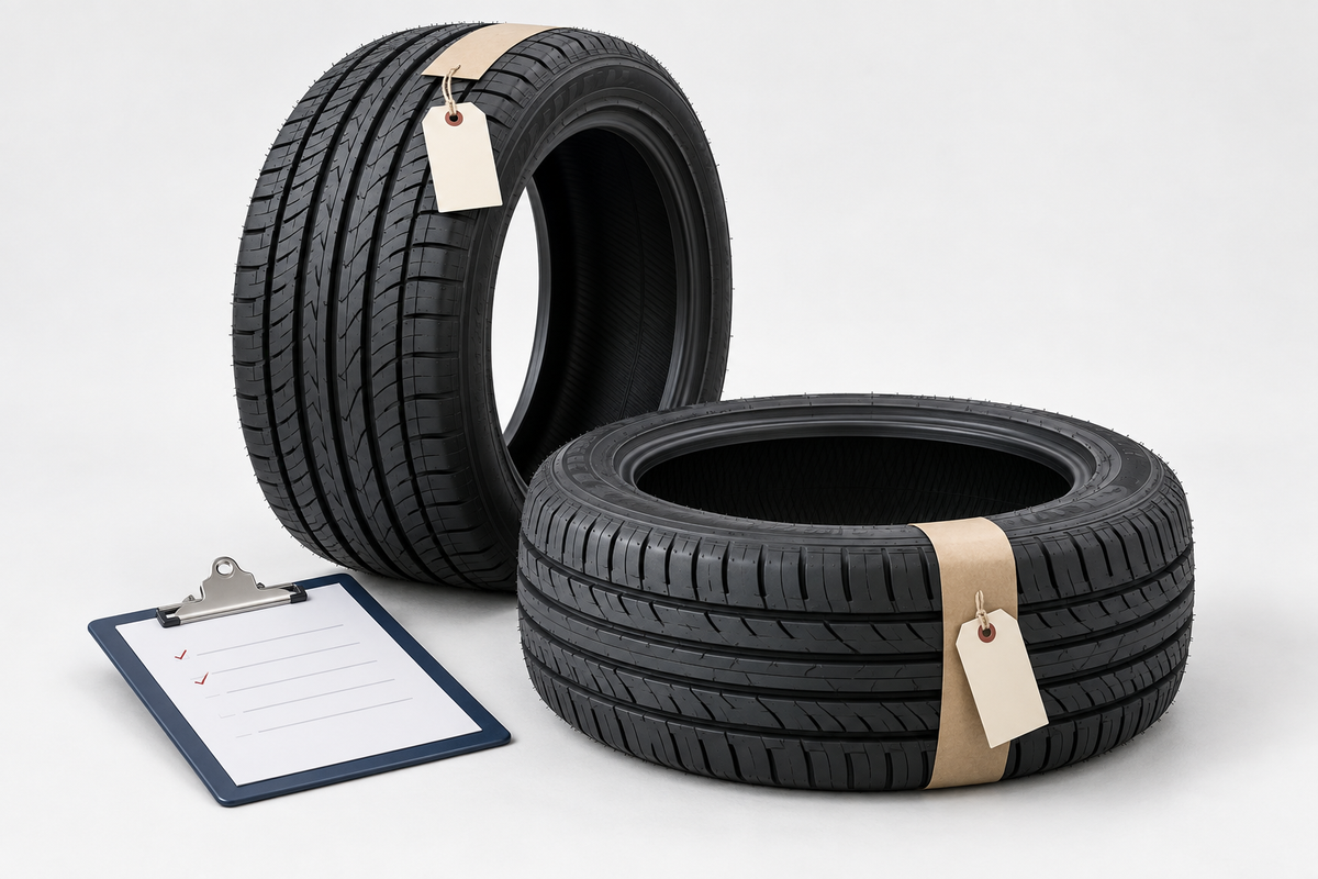 Two new tires with labels beside an inspection checklist.