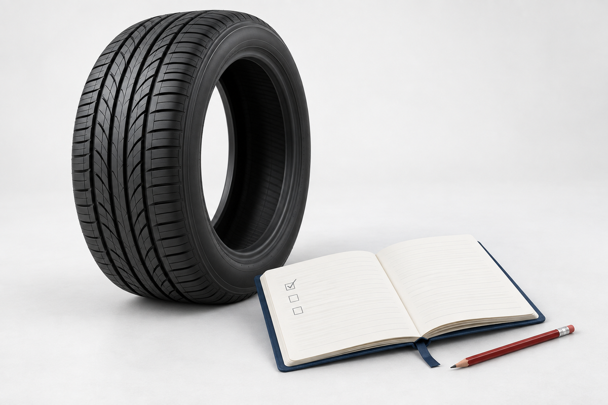 Tire beside an open checklist notebook and a red pencil.