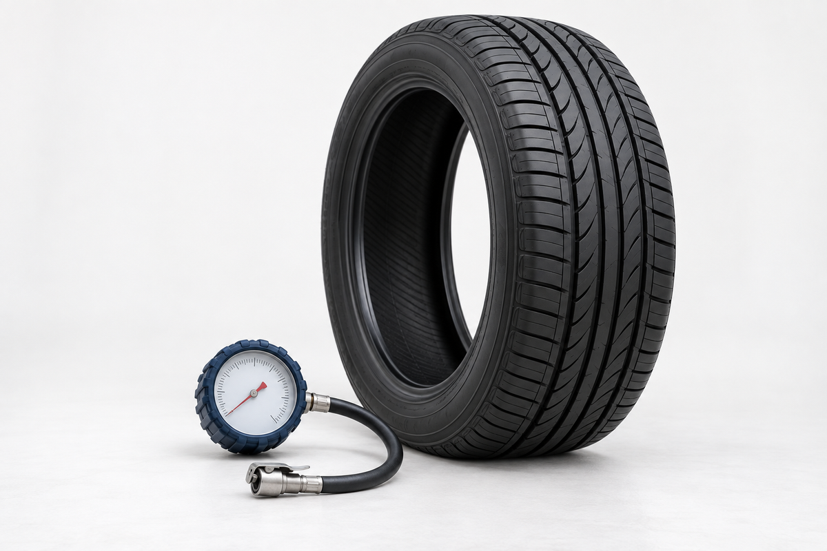Tire beside a pressure gauge, illustrating a regular tire inspection.