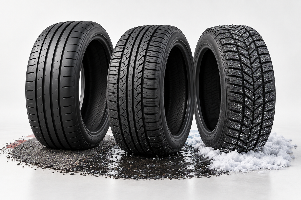 Three tires on dry, wet and snowy surfaces, illustrating different seasonal uses.