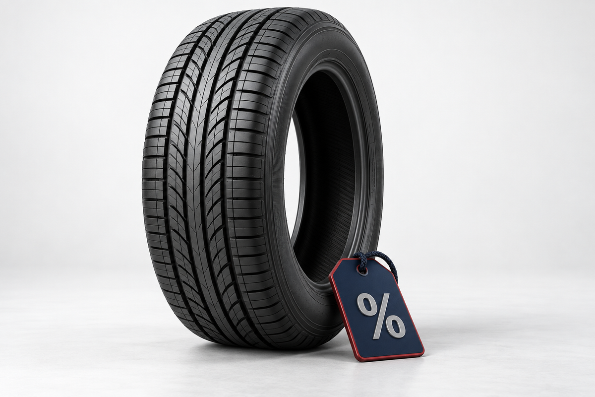 Tire beside a navy and red price tag with a percentage symbol.