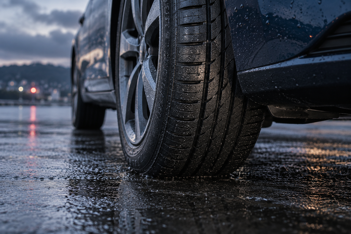 Close-up of a road tire resting on wet asphalt with water droplets and shallow surface water.