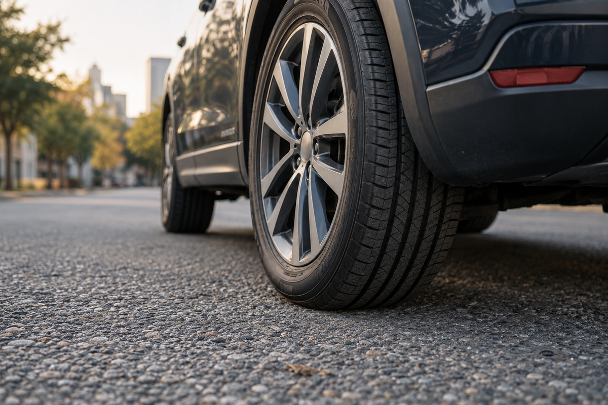 Stationary road tire on textured city asphalt with the street softly blurred behind it.