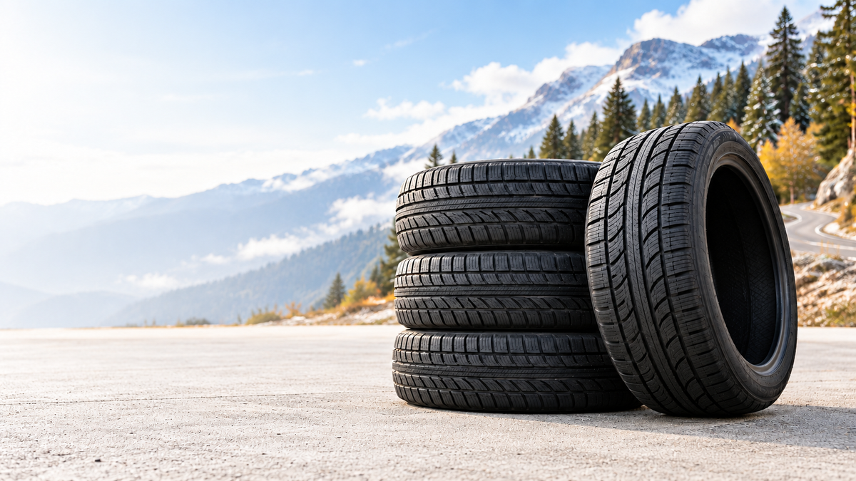 New black tires stacked beside a mountain road with crisp tread detail